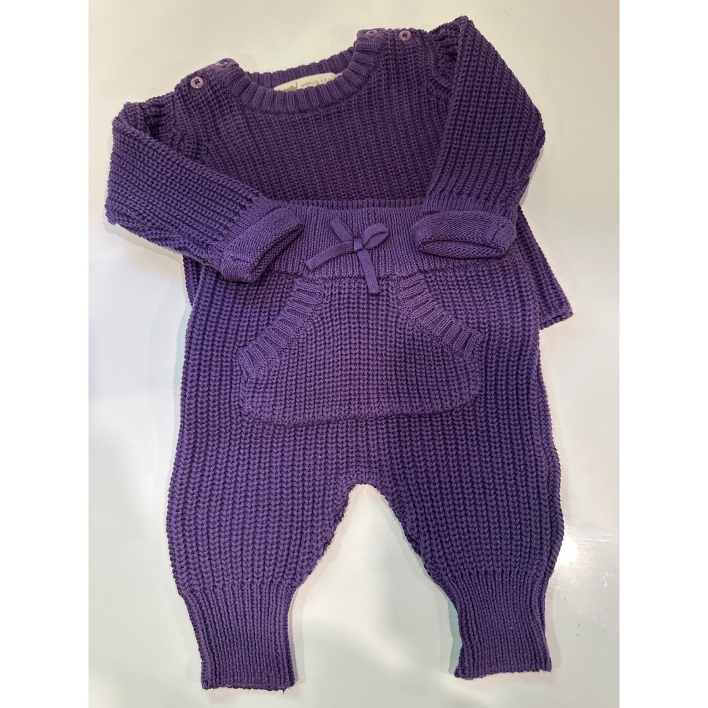 Monica + Andy Purple Organic Cotton Chunky Knit Sweater and Pants Set 3-6M